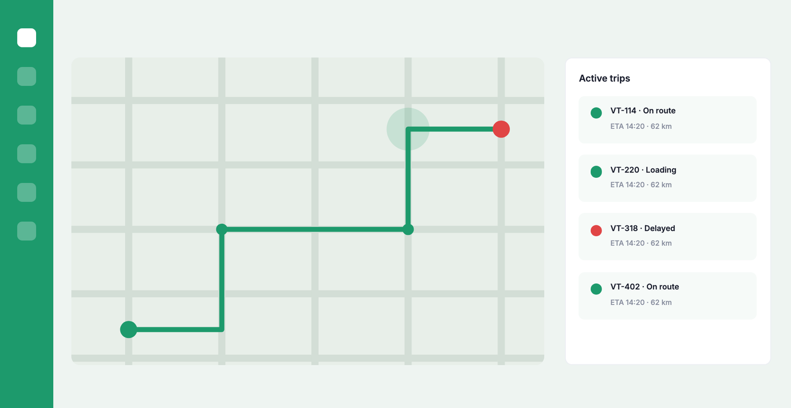 An operations map tracking active journeys with their status and estimated arrival