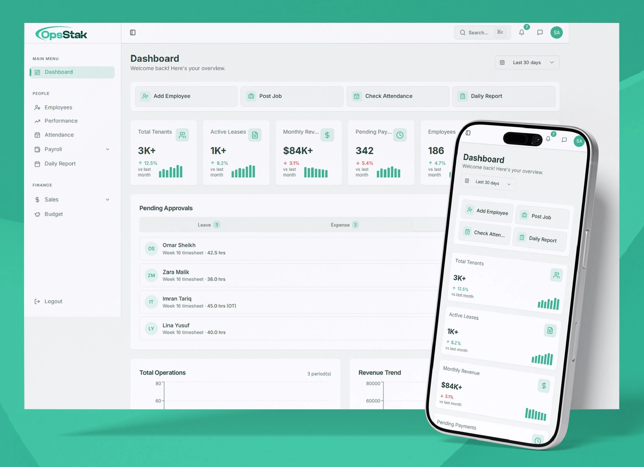 OpsStak operations dashboard displayed on desktop and mobile screens, showing tenants, leases, revenue, payments, employees, attendance, and approvals, powered by VisionTact.