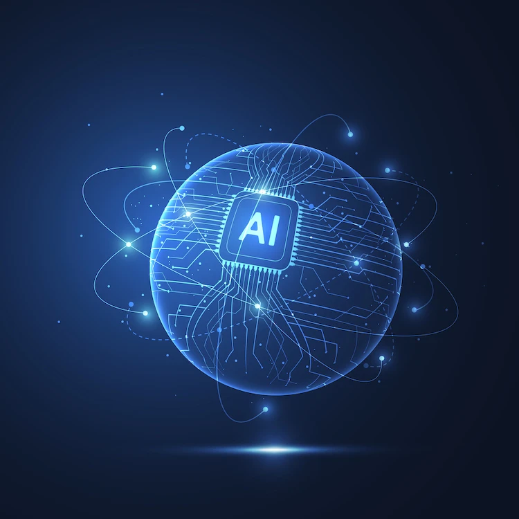 VisionTact About Us section showing a blue AI globe image beside text about turning business complexity into clarity through applied AI.