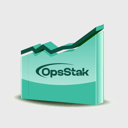 OpsStak logo on a teal 3D growth chart with an upward trend line.
