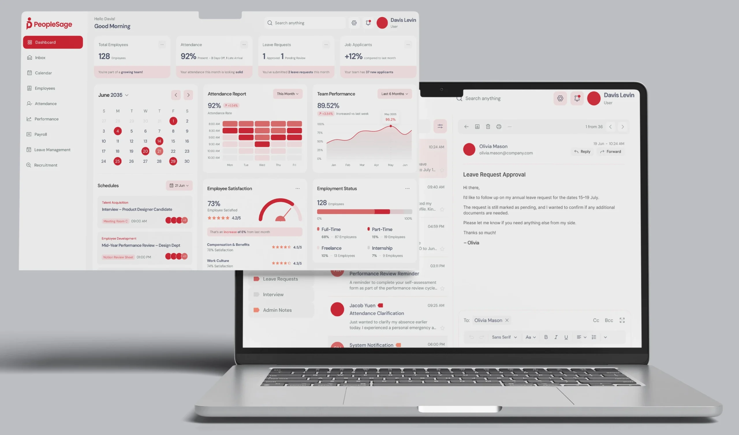 PeopleSage HR dashboard and inbox interface displayed on a laptop, powered by VisionTact.