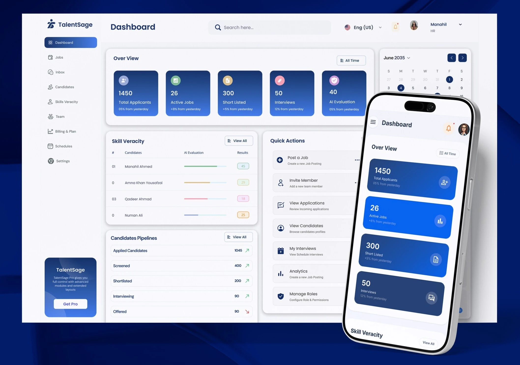TalentSage recruitment dashboard displayed on desktop and mobile screens, showing applicants, jobs, interviews, AI evaluation, skill veracity, and candidate pipelines, powered by VisionTact.