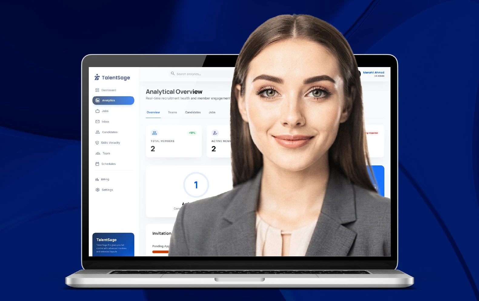 Riya, the TalentSage HR assistant avatar, displayed with a TalentSage analytics dashboard on a laptop, powered by VisionTact.
