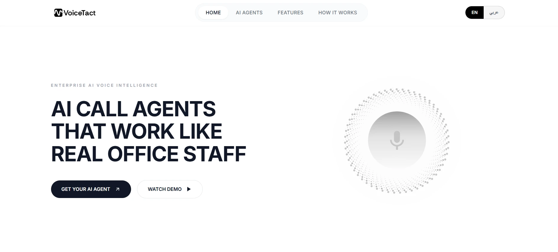 VoiceTact homepage hero section showing AI call agent messaging, microphone voice graphic, and call-to-action buttons, powered by VisionTact.