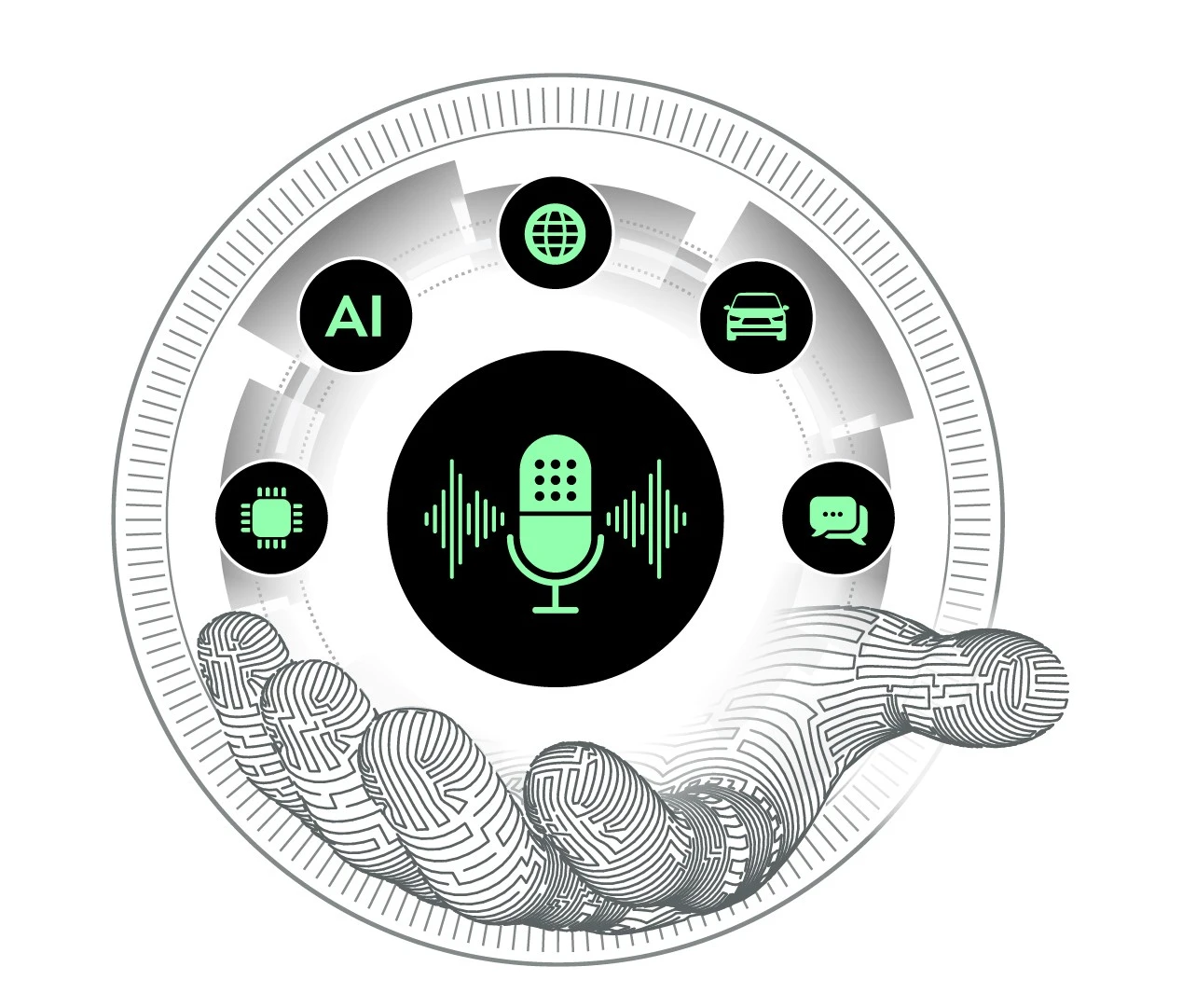 Robotic hand holding an AI voice interface with microphone, sound wave, AI, chip, globe, car, and chat icons.