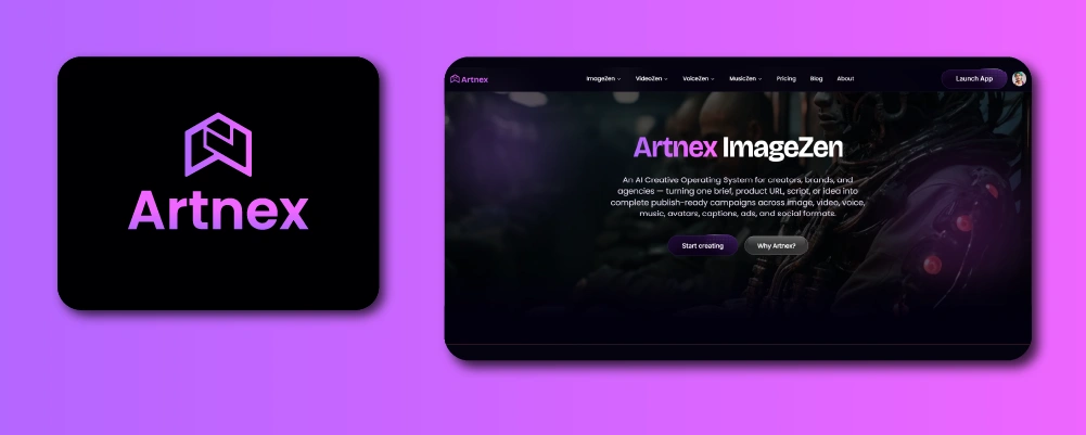 Artnex brand showcase featuring the logo on a dark card (left) and the Artnex ImageZen hero section screenshot (right) on a purple gradient background