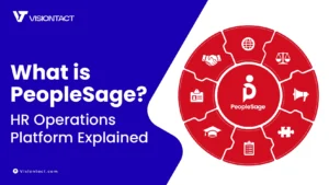 Infographic titled "What is PeopleSage? HR Operations Platform Explained" by VisionTact, showing the PeopleSage logo at the center of a red wheel surrounded by eight HR feature segments represented by icons for recruitment, compliance, communications, integrations, onboarding tasks, training, employee records, and global workforce management.