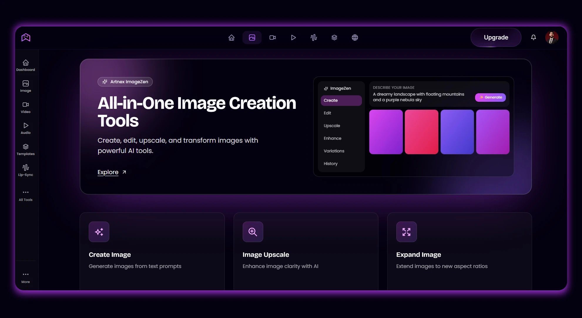 Artnex ImageZen dashboard showing AI image creation tools including create, edit, upscale, enhance, and variations options with a text-to-image prompt interface