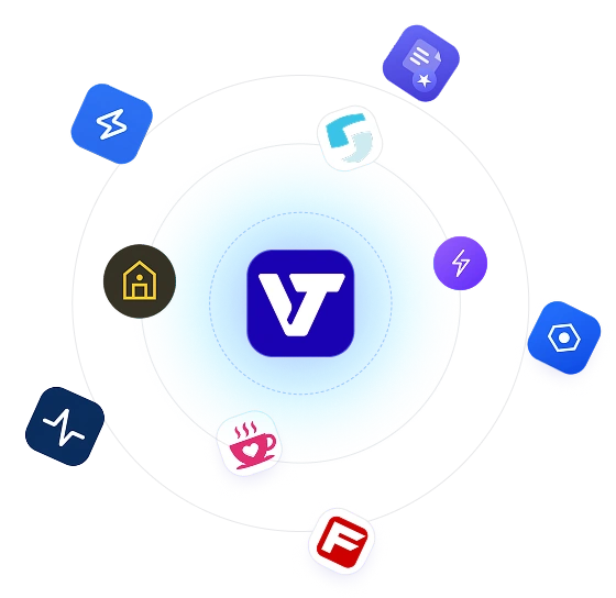 VisionTact logo at the center of orbiting rings surrounded by AI-powered product and integration icons