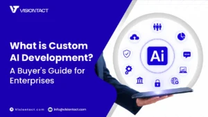 Custom AI development process by VisionTact showing discovery, design, development, and deployment for enterprise AI solutions