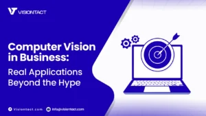 Computer vision applications in business graphic showing laptop, target, and gears with VisionTact branding.