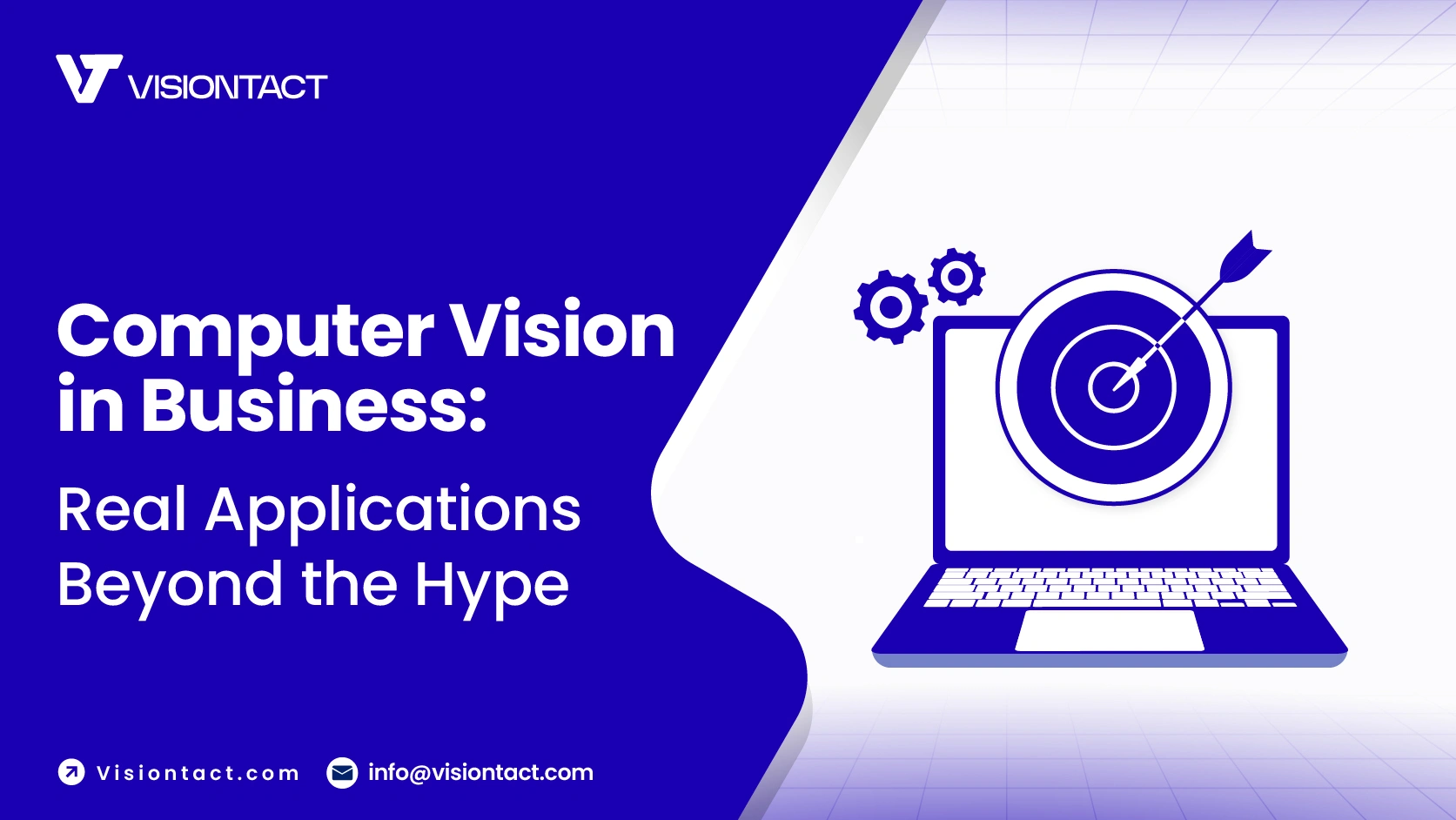 Computer vision applications in business graphic showing laptop, target, and gears with VisionTact branding.