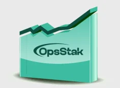 OpsStak logo on a teal 3D growth chart with an upward trend line.