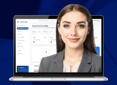 Riya, the TalentSage HR assistant avatar, displayed with a TalentSage analytics dashboard on a laptop, powered by VisionTact.