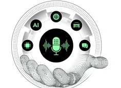 Robotic hand holding an AI voice interface with microphone, sound wave, AI, chip, globe, car, and chat icons.